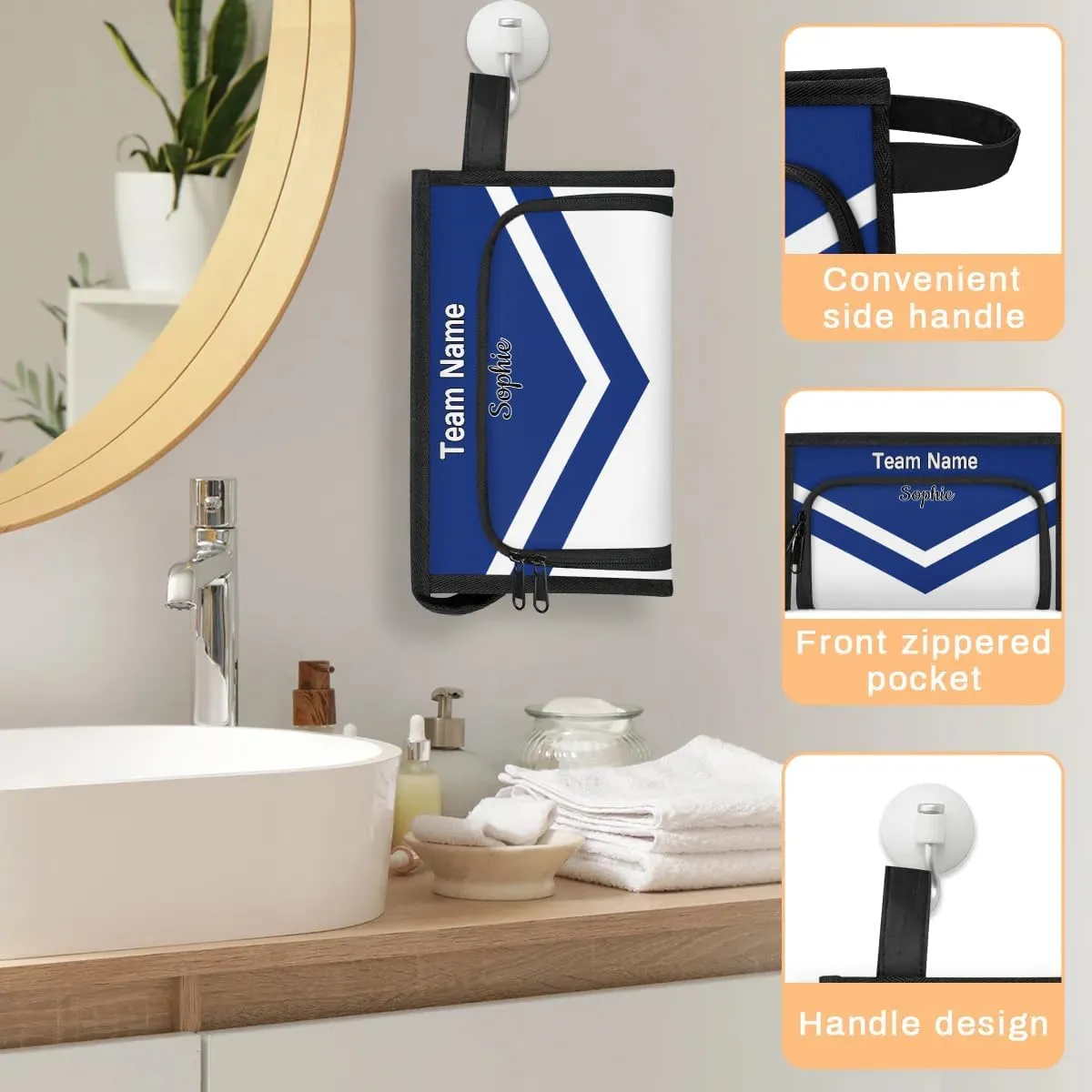 Cheerleader Custom Name Toiletry Bag for Women Cheer Theme Personalized Waterproof Cosmetic Makeup Bags with Handle for Travel, Blue White