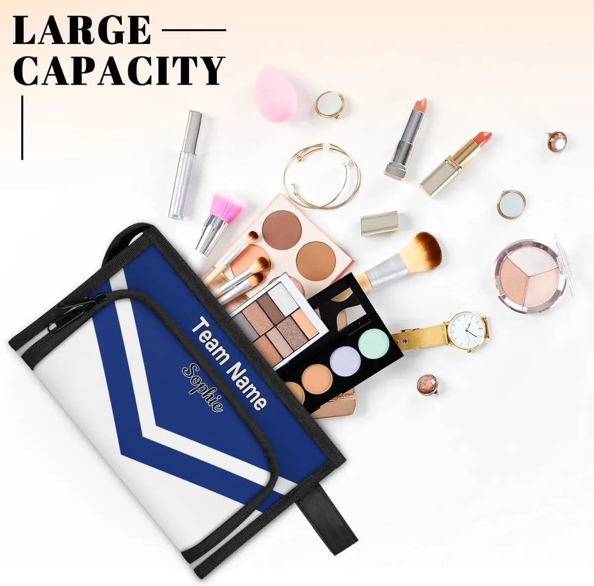 Cheerleader Custom Name Toiletry Bag for Women Cheer Theme Personalized Waterproof Cosmetic Makeup Bags with Handle for Travel, Blue White