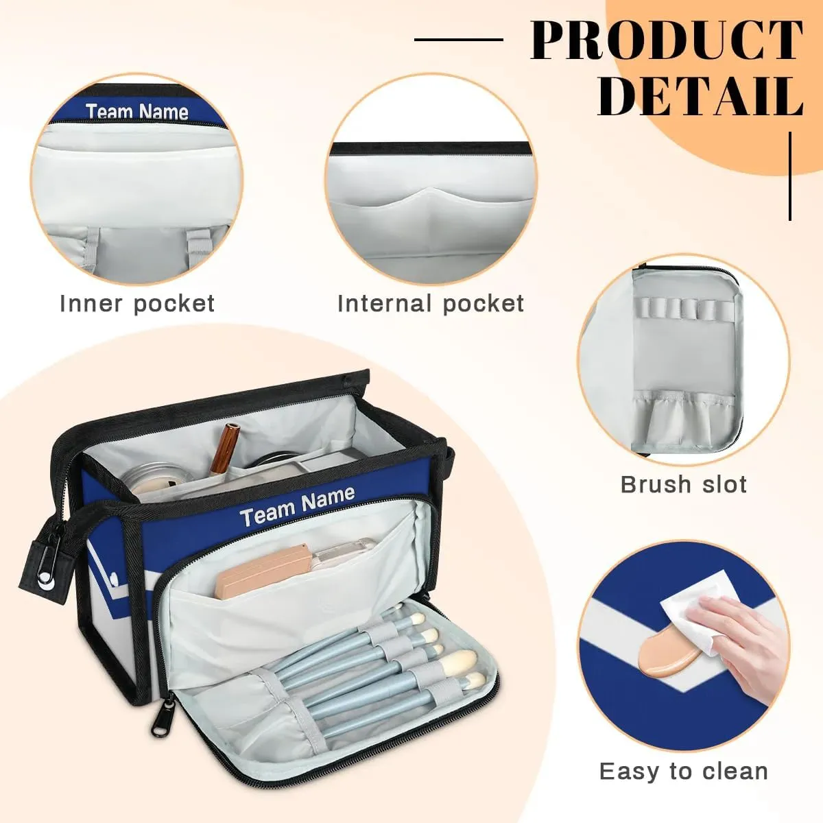 Cheerleader Custom Name Toiletry Bag for Women Cheer Theme Personalized Waterproof Cosmetic Makeup Bags with Handle for Travel, Blue White