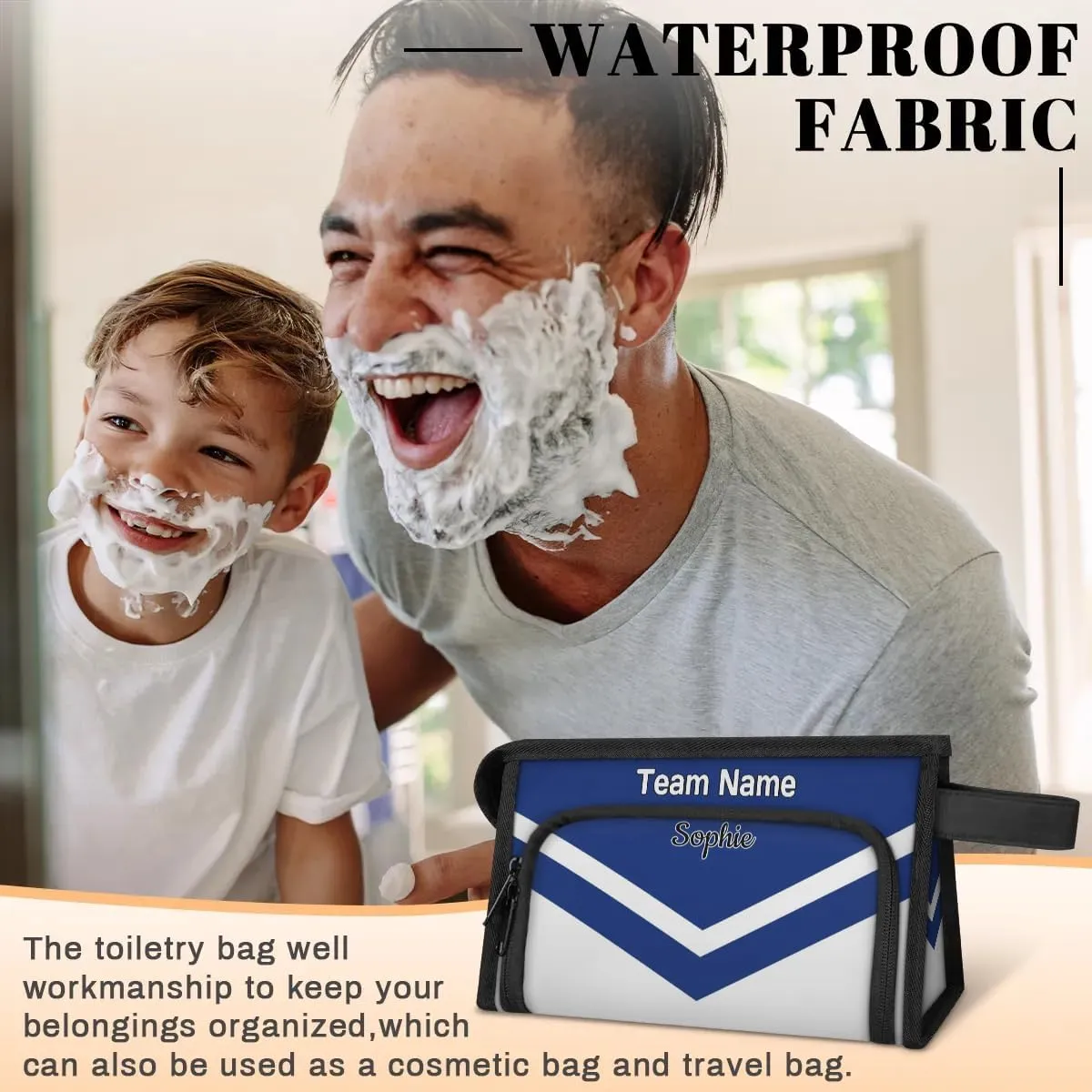 Cheerleader Custom Name Toiletry Bag for Women Cheer Theme Personalized Waterproof Cosmetic Makeup Bags with Handle for Travel, Blue White