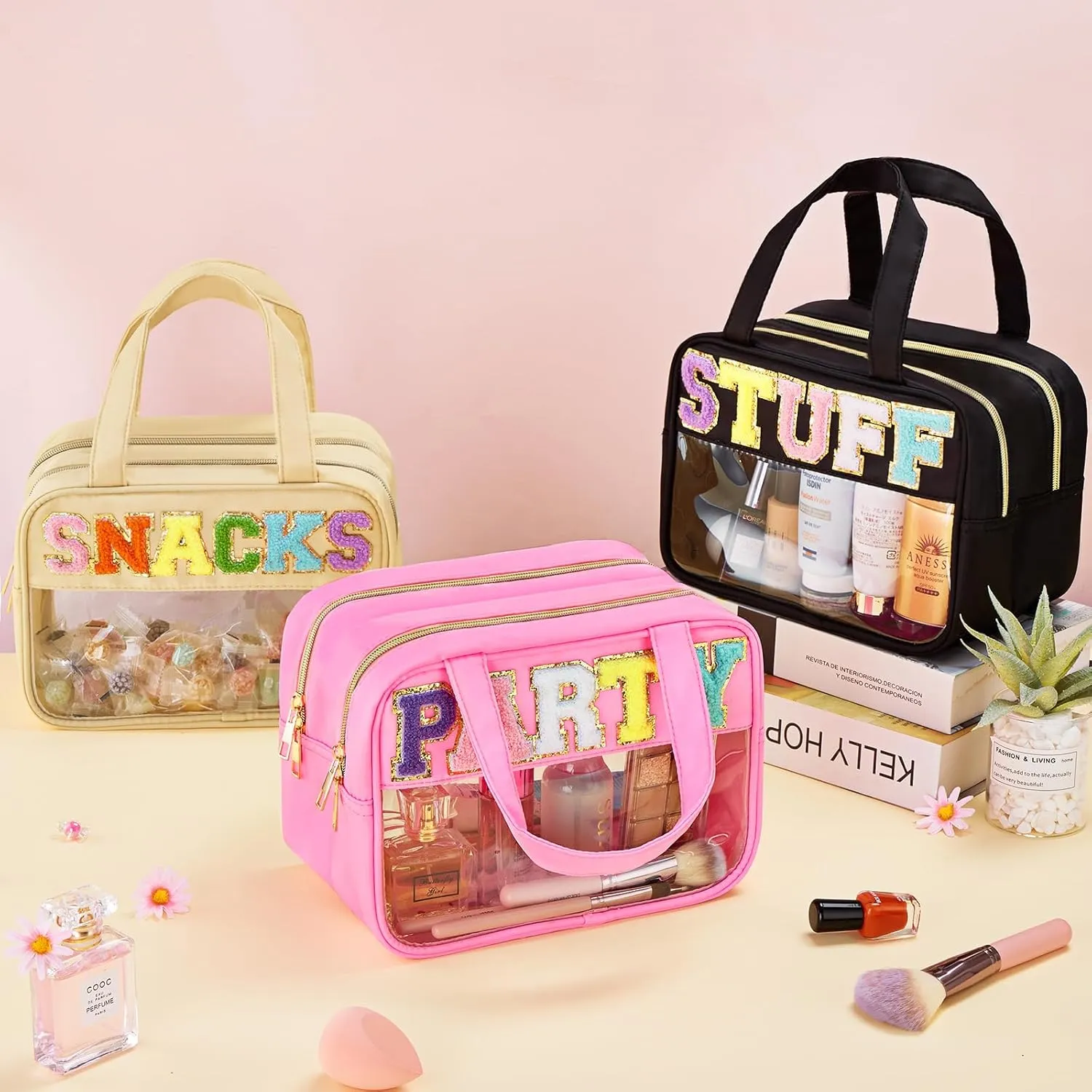 Chenille Letter Clear Makeup Bag, Preppy Cosmetic Bag Clear Snack Bags with Zipper, Waterproof Stuff Bag Travel Toiletry Bag Cosmetic Pouch for Women and Girls (Snacks, Plus Size)