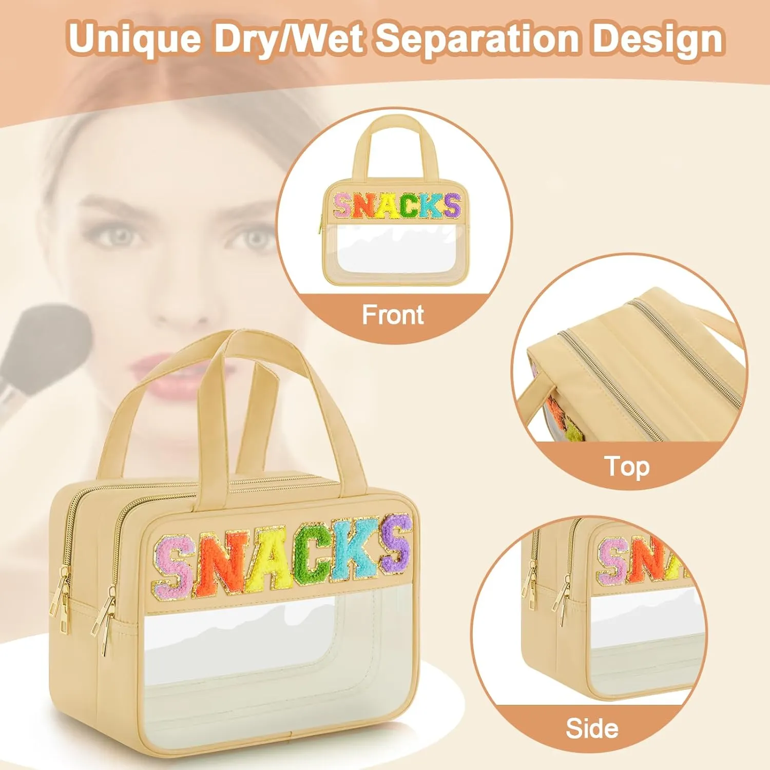 Chenille Letter Clear Makeup Bag, Preppy Cosmetic Bag Clear Snack Bags with Zipper, Waterproof Stuff Bag Travel Toiletry Bag Cosmetic Pouch for Women and Girls (Snacks, Plus Size)