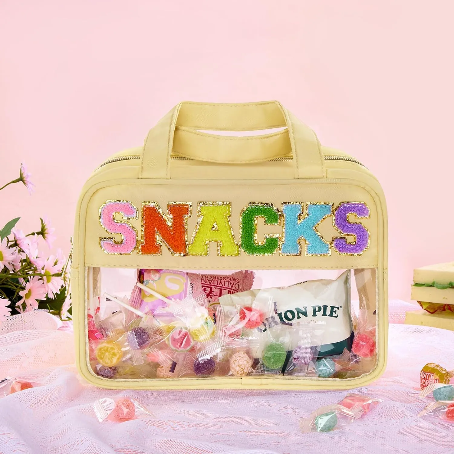 Chenille Letter Clear Makeup Bag, Preppy Cosmetic Bag Clear Snack Bags with Zipper, Waterproof Stuff Bag Travel Toiletry Bag Cosmetic Pouch for Women and Girls (Snacks, Plus Size)