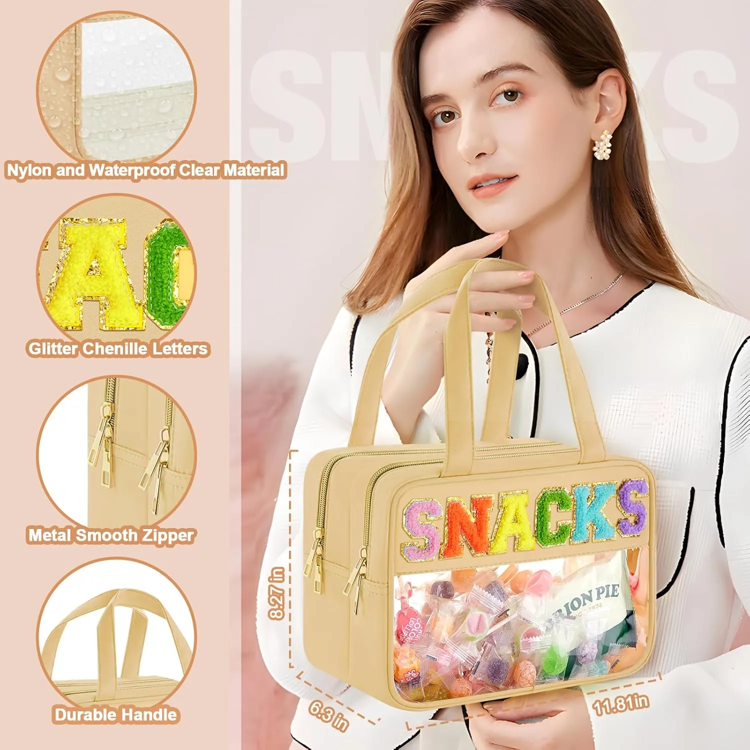 Chenille Letter Clear Makeup Bag, Preppy Cosmetic Bag Clear Snack Bags with Zipper, Waterproof Stuff Bag Travel Toiletry Bag Cosmetic Pouch for Women and Girls (Snacks, Plus Size)