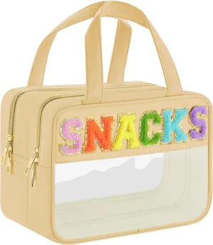 Chenille Letter Clear Makeup Bag, Preppy Cosmetic Bag Clear Snack Bags with Zipper, Waterproof Stuff Bag Travel Toiletry Bag Cosmetic Pouch for Women and Girls (Snacks, Plus Size)