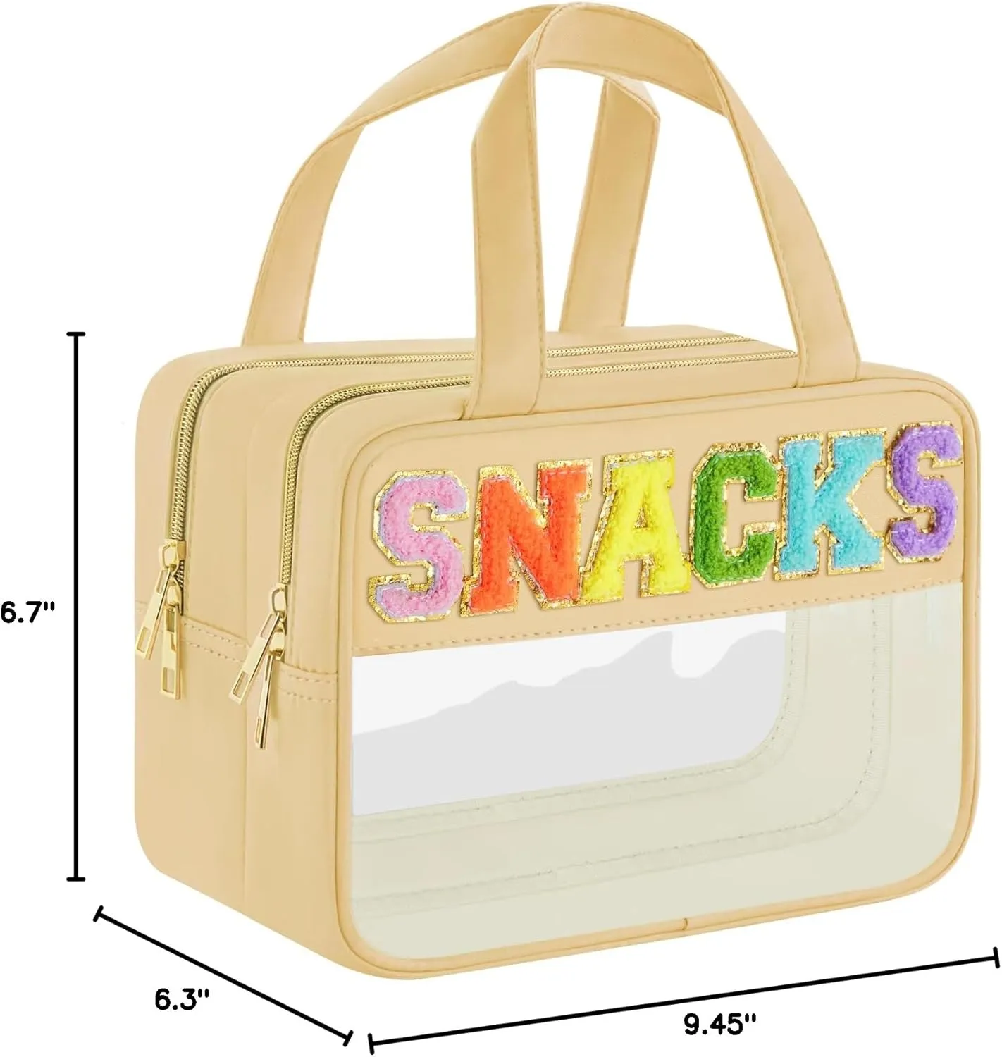 Chenille Letter Clear Makeup Bag, Preppy Cosmetic Bag Clear Snack Bags with Zipper, Waterproof Stuff Bag Travel Toiletry Bag Cosmetic Pouch for Women and Girls (Snacks, Plus Size)