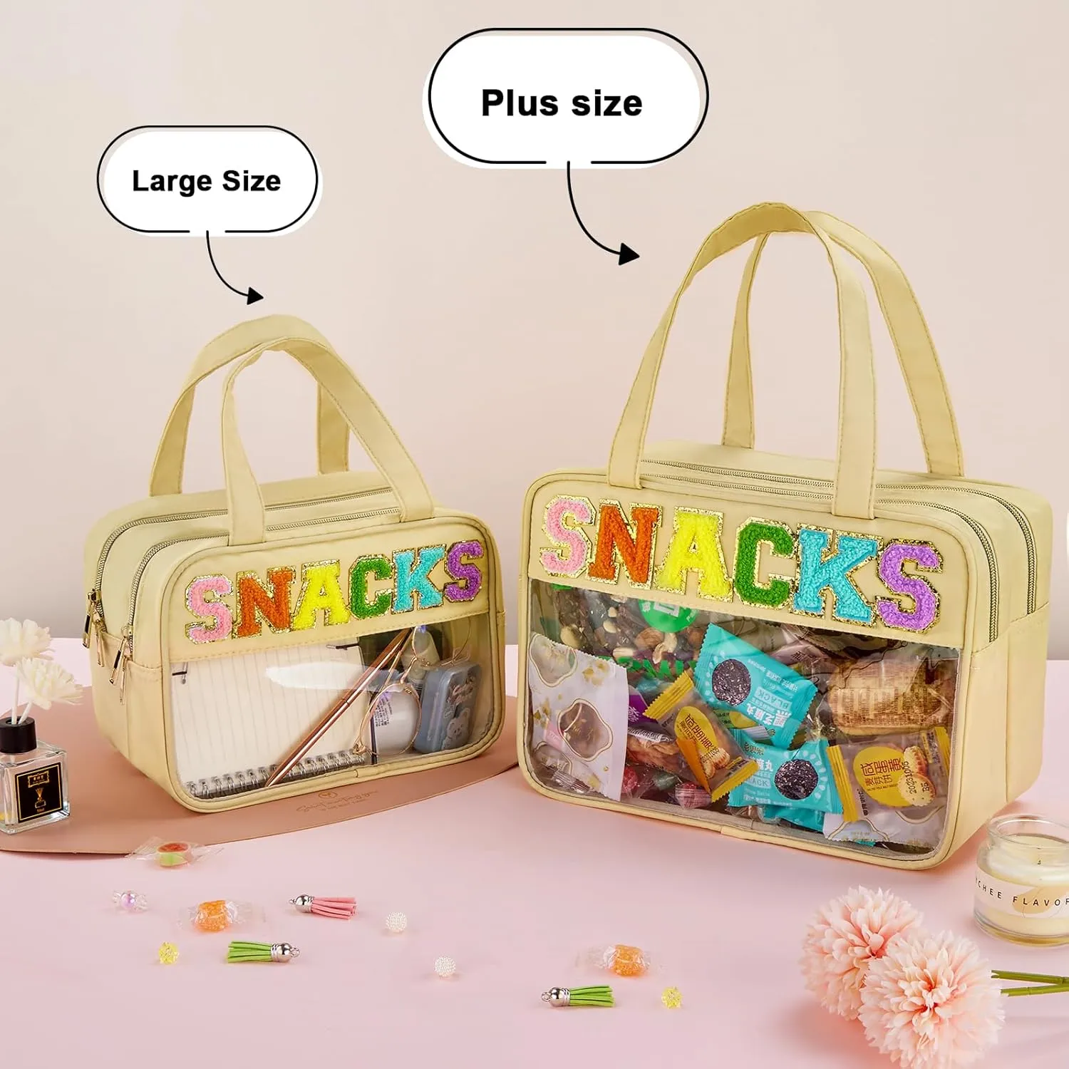 Chenille Letter Clear Makeup Bag, Preppy Cosmetic Bag Clear Snack Bags with Zipper, Waterproof Stuff Bag Travel Toiletry Bag Cosmetic Pouch for Women and Girls (Snacks, Plus Size)