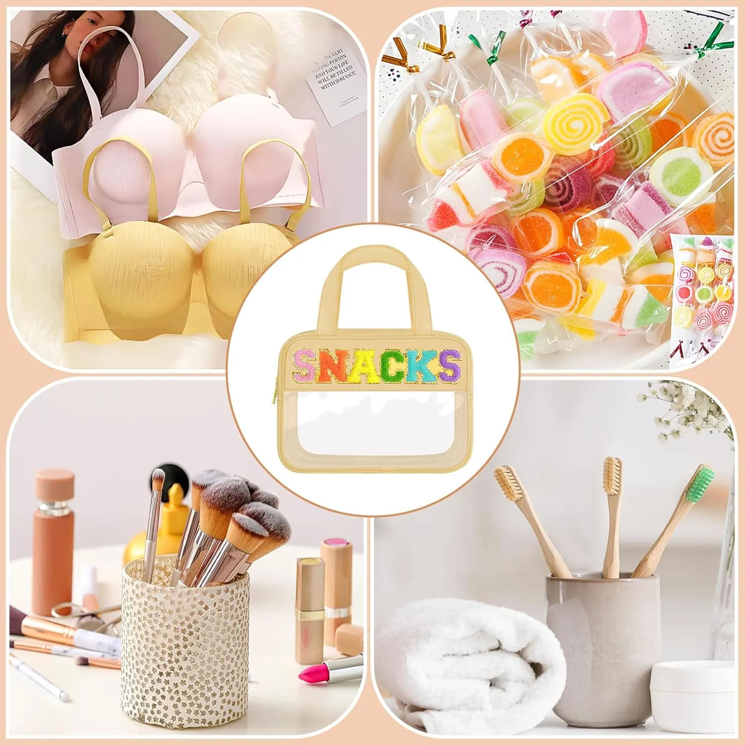 Chenille Letter Clear Makeup Bag, Preppy Cosmetic Bag Clear Snack Bags with Zipper, Waterproof Stuff Bag Travel Toiletry Bag Cosmetic Pouch for Women and Girls (Snacks, Plus Size)