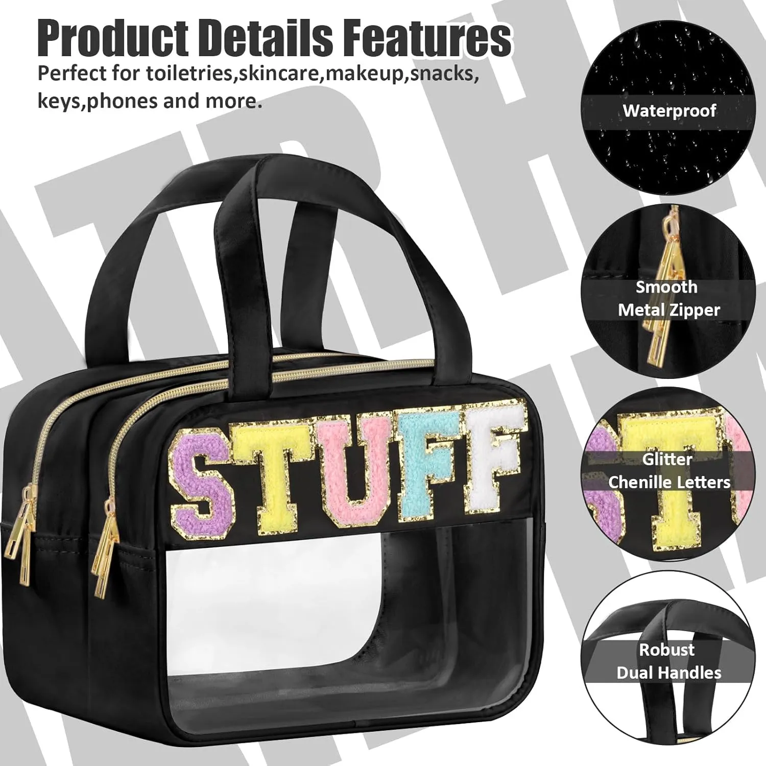 Chenille Letter Clear Makeup Bags, Stuff Bag for Travel, Preppy Patch Nylon Cosmetic Bag with Handles and Zipper, Waterproof Large Clear Travel Toiletry Bag Storage Bag for Women Black