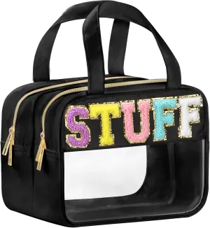 Chenille Letter Clear Makeup Bags, Stuff Bag for Travel, Preppy Patch Nylon Cosmetic Bag with Handles and Zipper, Waterproof Large Clear Travel Toiletry Bag Storage Bag for Women Black