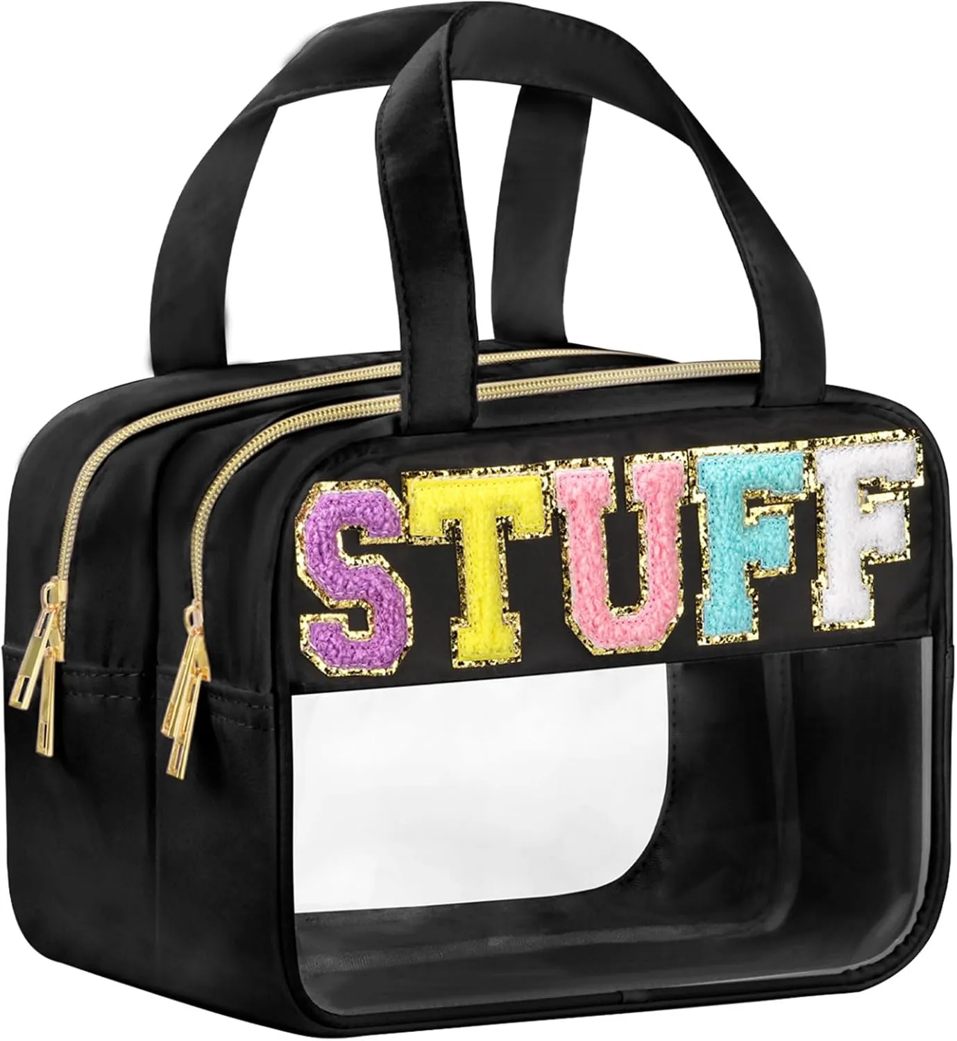 Chenille Letter Clear Makeup Bags, Stuff Bag for Travel, Preppy Patch Nylon Cosmetic Bag with Handles and Zipper, Waterproof Large Clear Travel Toiletry Bag Storage Bag for Women Black