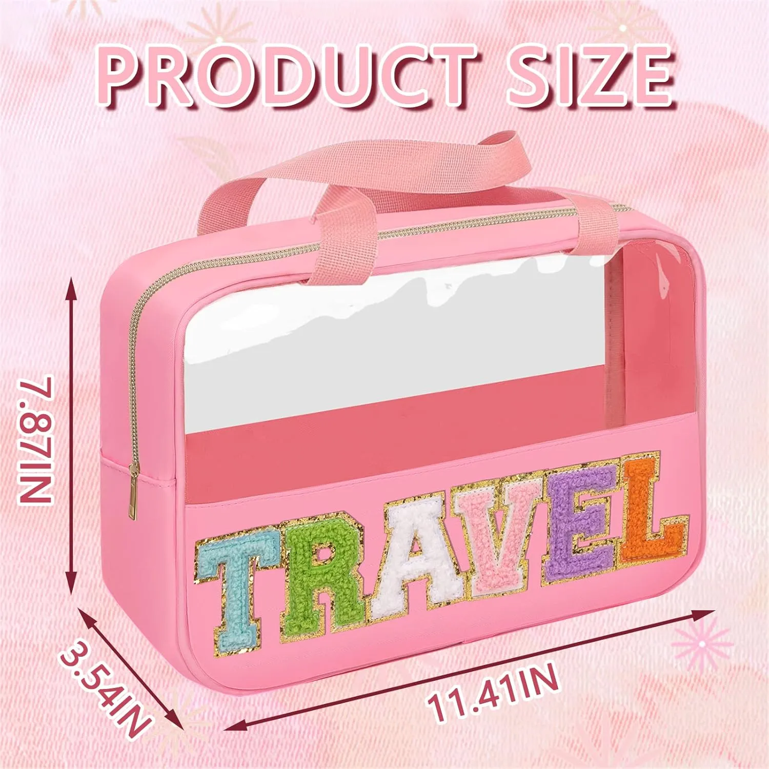 Chenille Letter Patch Travel Bag, Preppy Clear Makeup Cosmetic Bag Large Toiletry Storage Tote Bag with Handle, Transparent Nylon Waterproof Organizer Zipper Pouch for Travel Women Girls(Pink)