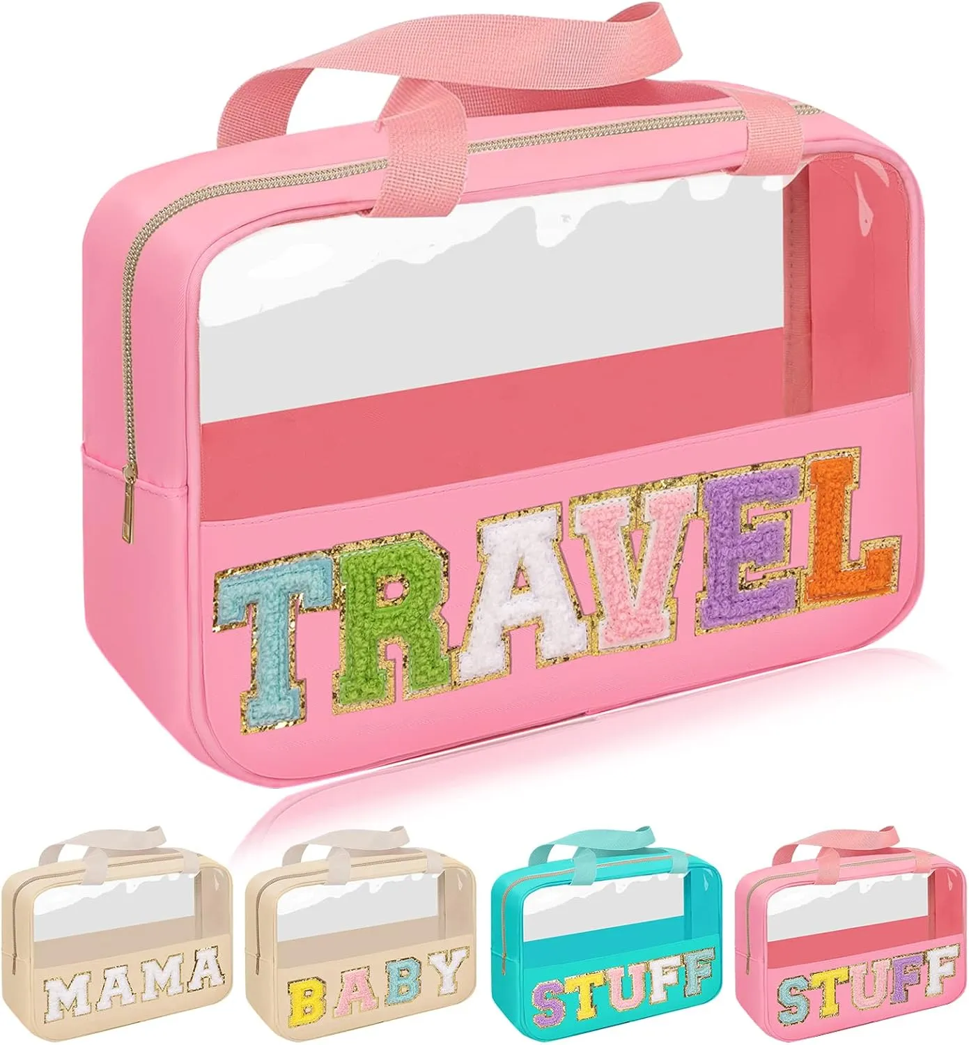 Chenille Letter Patch Travel Bag, Preppy Clear Makeup Cosmetic Bag Large Toiletry Storage Tote Bag with Handle, Transparent Nylon Waterproof Organizer Zipper Pouch for Travel Women Girls(Pink)