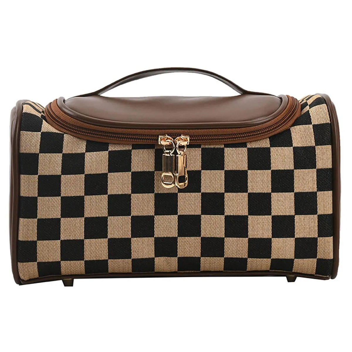 Chessboard Checker Makeup Bag Women's Large Capacity Cosmetic Bag Portable Travel Skincare Product Storage Bag Portable Washing Bag (Brown)