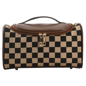 Chessboard Checker Makeup Bag Women's Large Capacity Cosmetic Bag Portable Travel Skincare Product Storage Bag Portable Washing Bag (Brown)