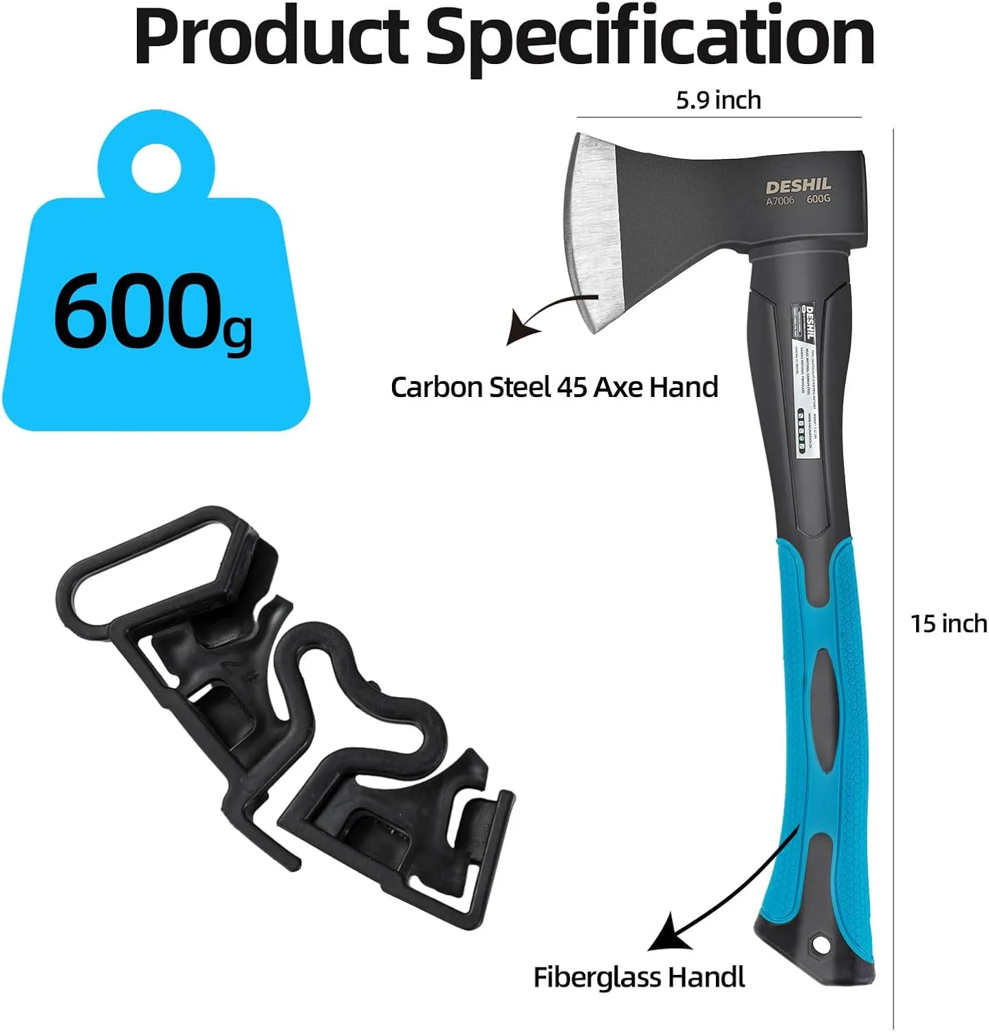 Chopping Axe, 15”Outdoor Hatchet Forged Carbon Steel Heat Treated Hand Maul Tool, Fiberglass Shock Reduction Handle with Anti-Slip Grip, Blue