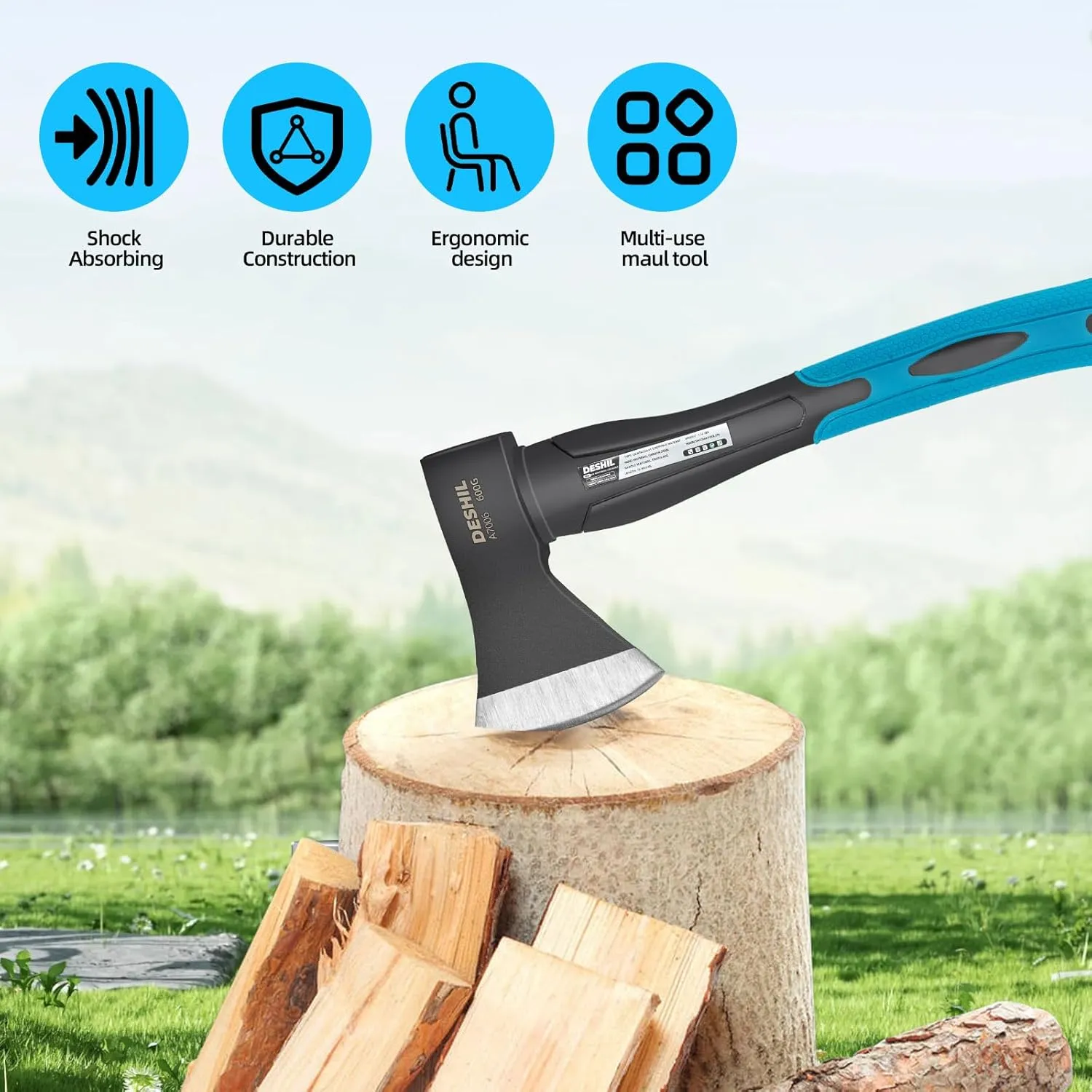 Chopping Axe, 15”Outdoor Hatchet Forged Carbon Steel Heat Treated Hand Maul Tool, Fiberglass Shock Reduction Handle with Anti-Slip Grip, Blue