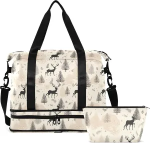 Christmas Deer Pine Gym Bag for Women & Men,Duffel Bag with Shoe Pocket,Weekender Overnight Bag with Trolley Sleeve for Travel 21215121