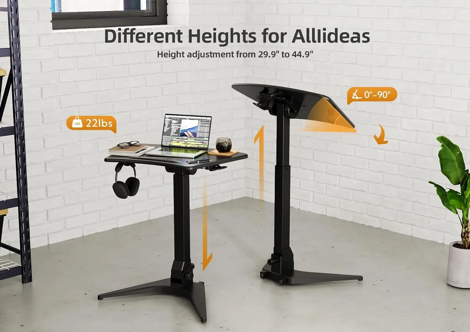 Claiks Mobile Standing Desk, Portable Rolling Standing Desk with Wheels, Pneumatic Height Adjustable Sit-Stand Desk Workstation with 90° Tiltable, Foldable Desk with Non-Slip Computer Stand, Black