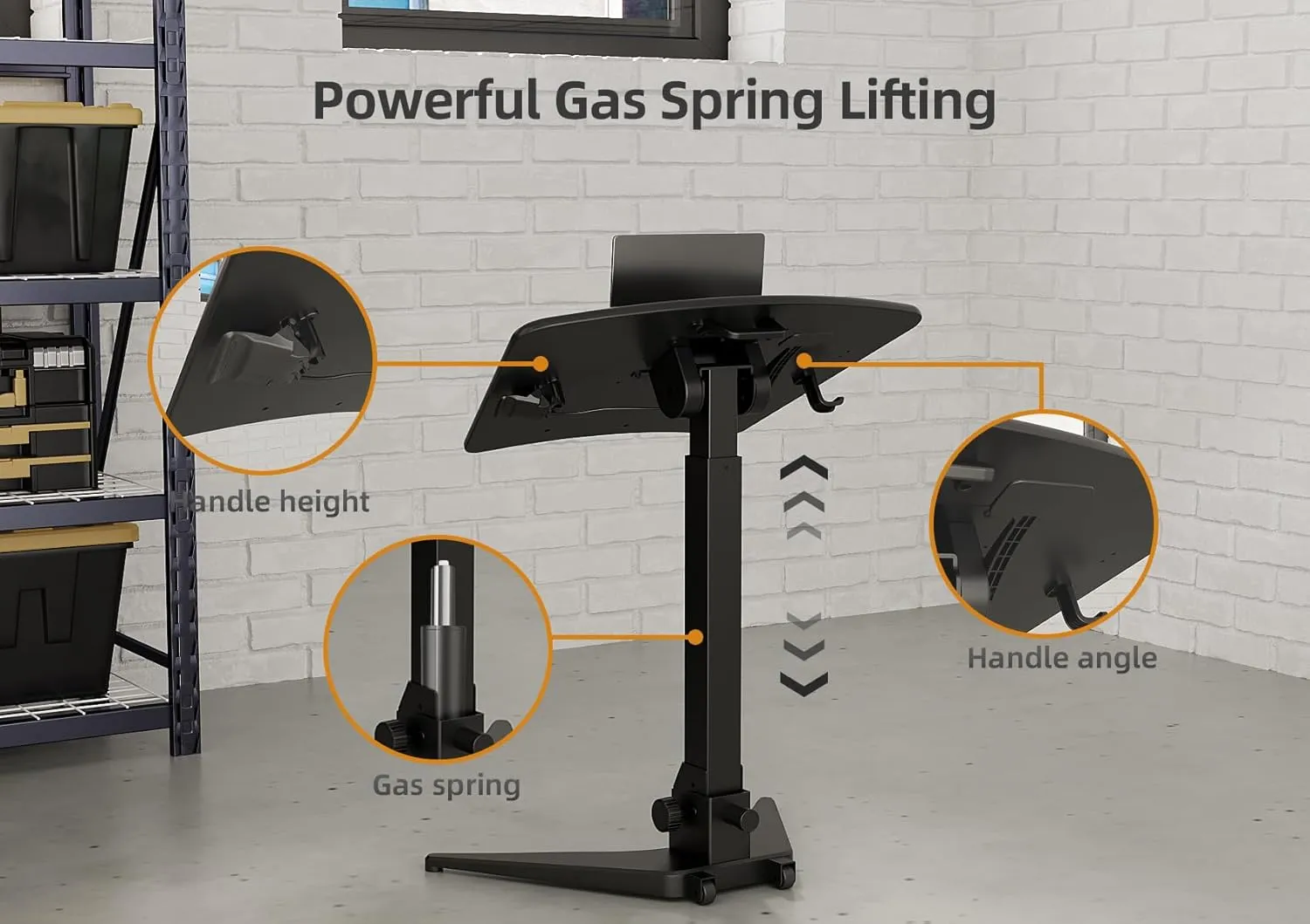Claiks Mobile Standing Desk, Portable Rolling Standing Desk with Wheels, Pneumatic Height Adjustable Sit-Stand Desk Workstation with 90° Tiltable, Foldable Desk with Non-Slip Computer Stand, Black