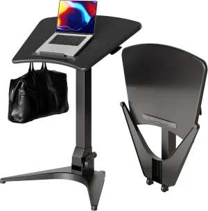 Claiks Mobile Standing Desk, Portable Rolling Standing Desk with Wheels, Pneumatic Height Adjustable Sit-Stand Desk Workstation with 90° Tiltable, Foldable Desk with Non-Slip Computer Stand, Black