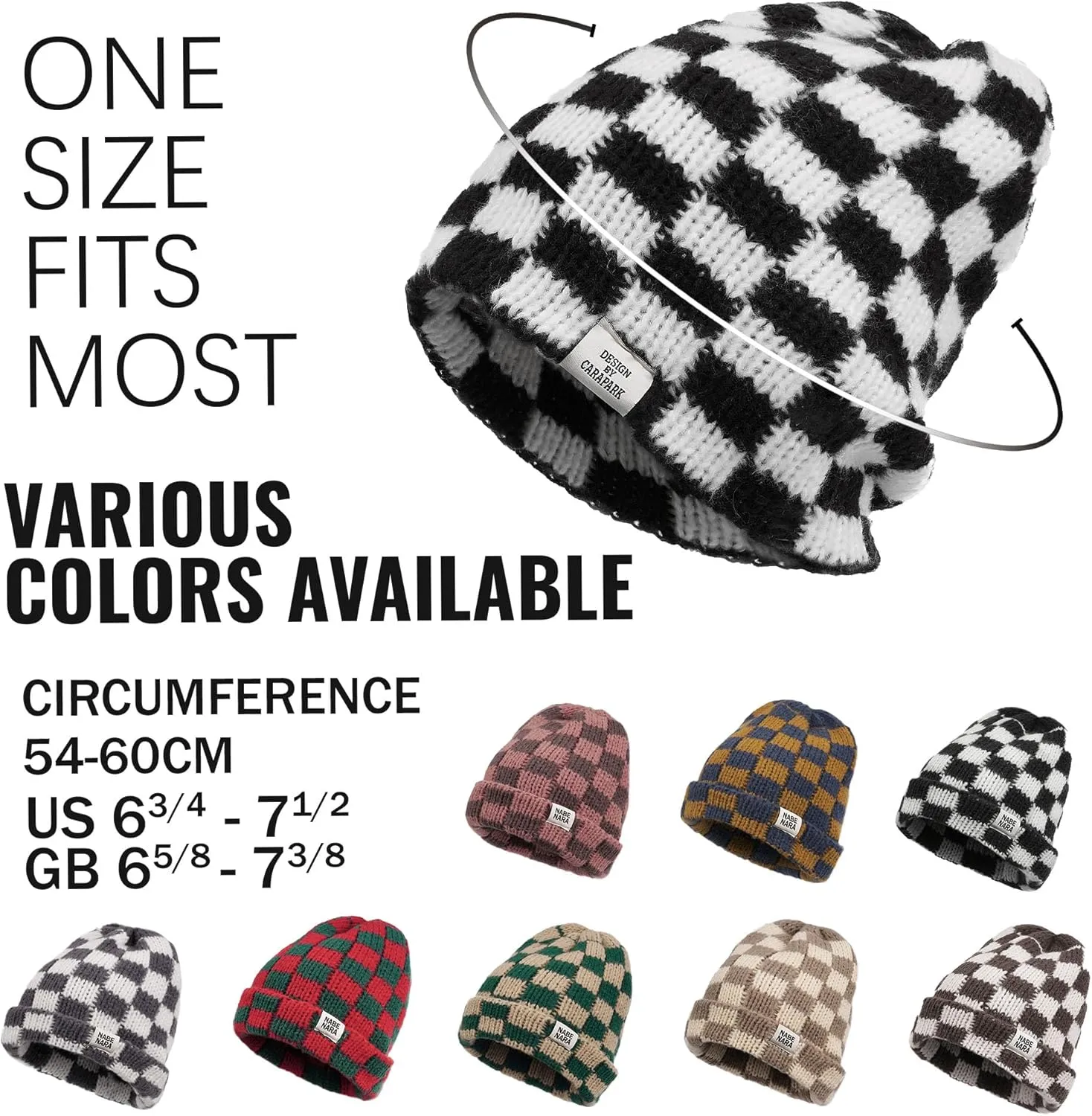 CLAPE Womens Cute Slouchy Beanies Hats, Winter Warm Chunky Checkered Beanie Large Cuff Knitted Hat Ski Cap for Cold Weather