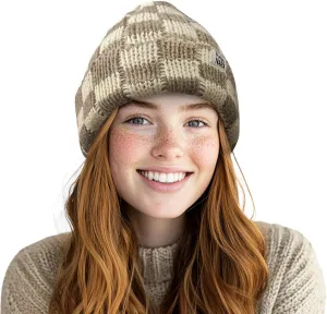 CLAPE Womens Cute Slouchy Beanies Hats, Winter Warm Chunky Checkered Beanie Large Cuff Knitted Hat Ski Cap for Cold Weather