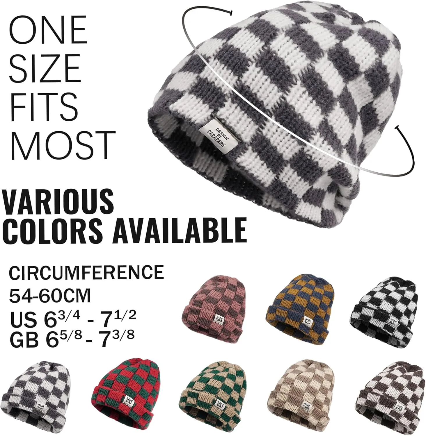 CLAPE Womens Cute Slouchy Beanies Hats, Winter Warm Chunky Checkered Beanie Large Cuff Knitted Hat Ski Cap for Cold Weather