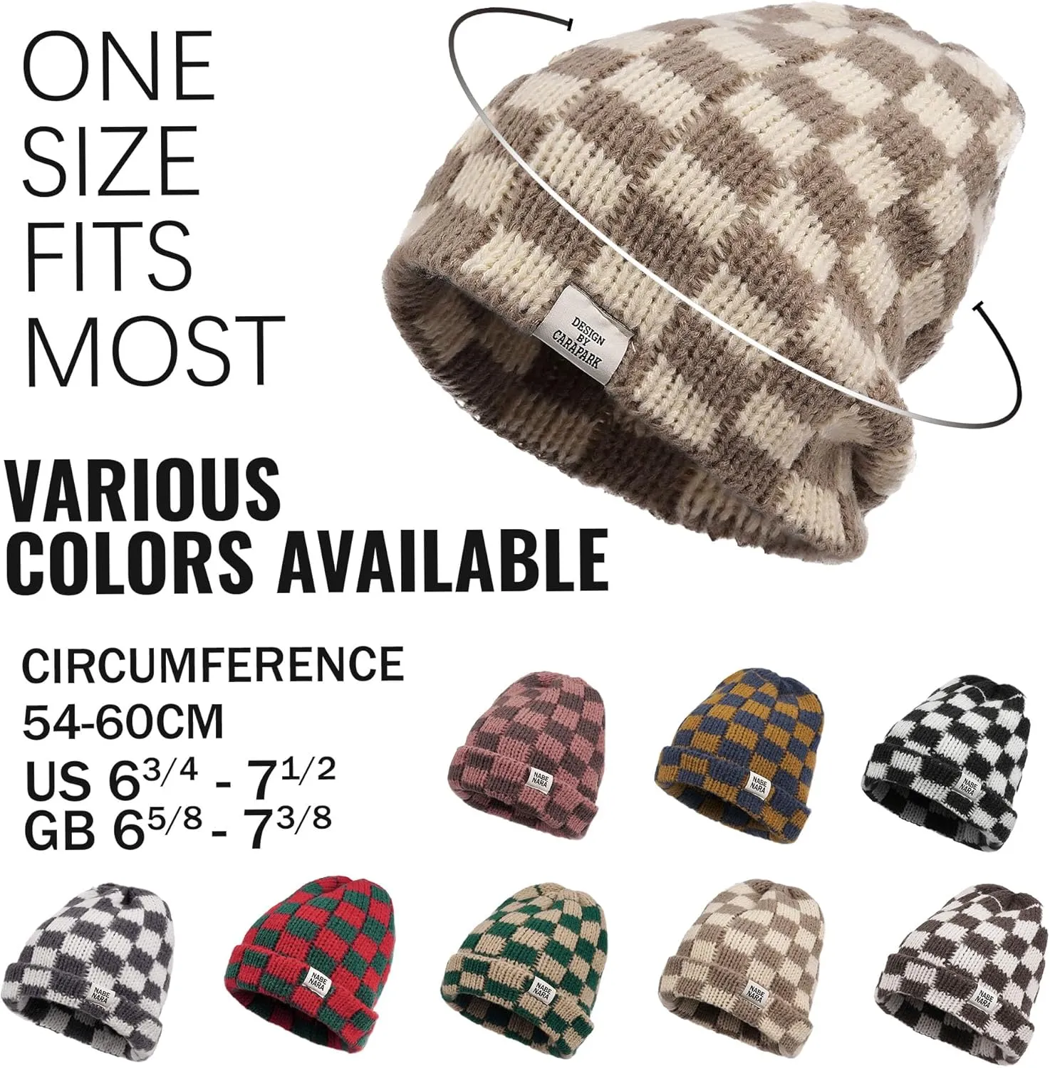CLAPE Womens Cute Slouchy Beanies Hats, Winter Warm Chunky Checkered Beanie Large Cuff Knitted Hat Ski Cap for Cold Weather