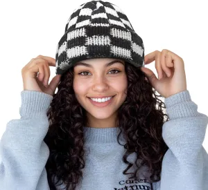 CLAPE Womens Cute Slouchy Beanies Hats, Winter Warm Chunky Checkered Beanie Large Cuff Knitted Hat Ski Cap for Cold Weather