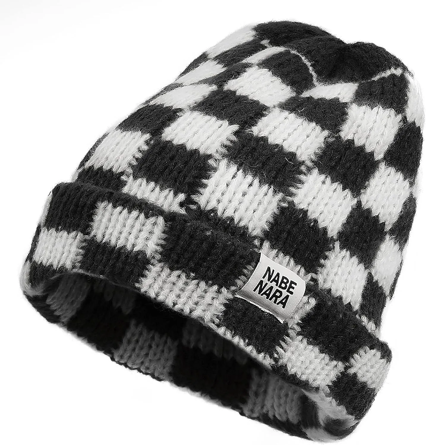 CLAPE Womens Cute Slouchy Beanies Hats, Winter Warm Chunky Checkered Beanie Large Cuff Knitted Hat Ski Cap for Cold Weather