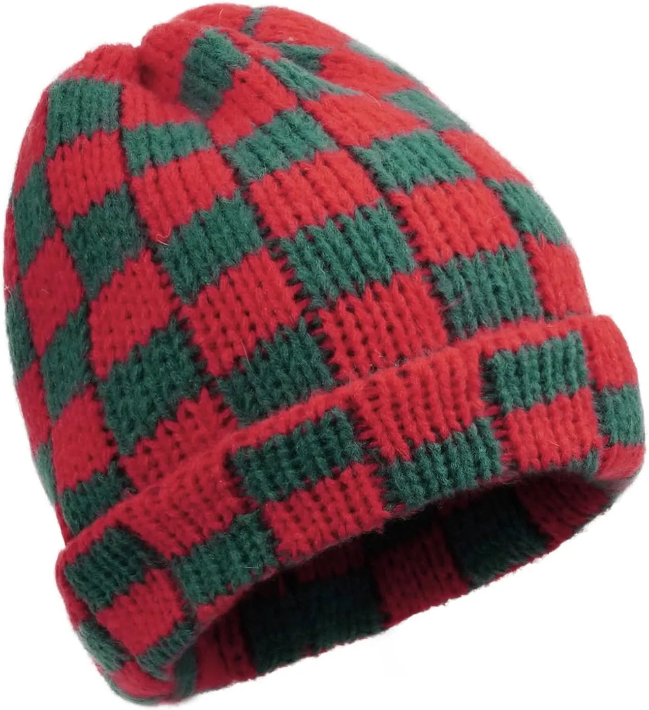 CLAPE Womens Cute Slouchy Beanies Hats, Winter Warm Chunky Checkered Beanie Large Cuff Knitted Hat Ski Cap for Cold Weather