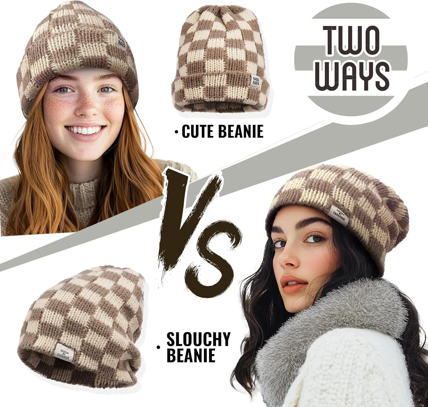 CLAPE Womens Cute Slouchy Beanies Hats, Winter Warm Chunky Checkered Beanie Large Cuff Knitted Hat Ski Cap for Cold Weather