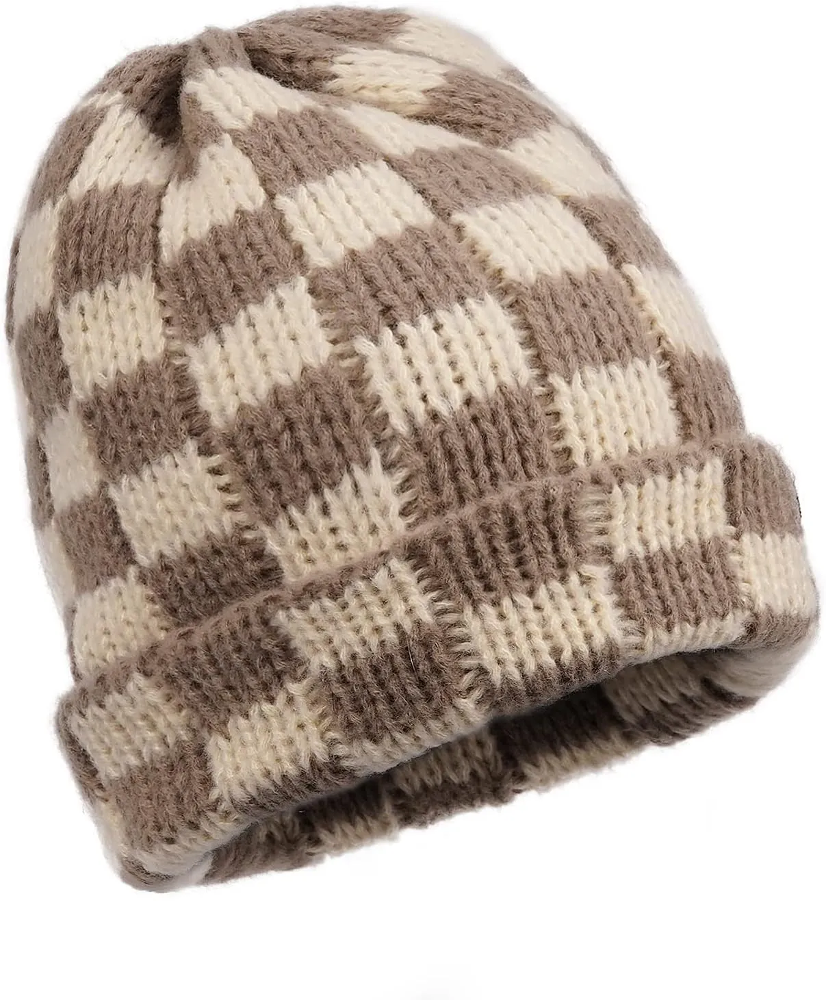 CLAPE Womens Cute Slouchy Beanies Hats, Winter Warm Chunky Checkered Beanie Large Cuff Knitted Hat Ski Cap for Cold Weather
