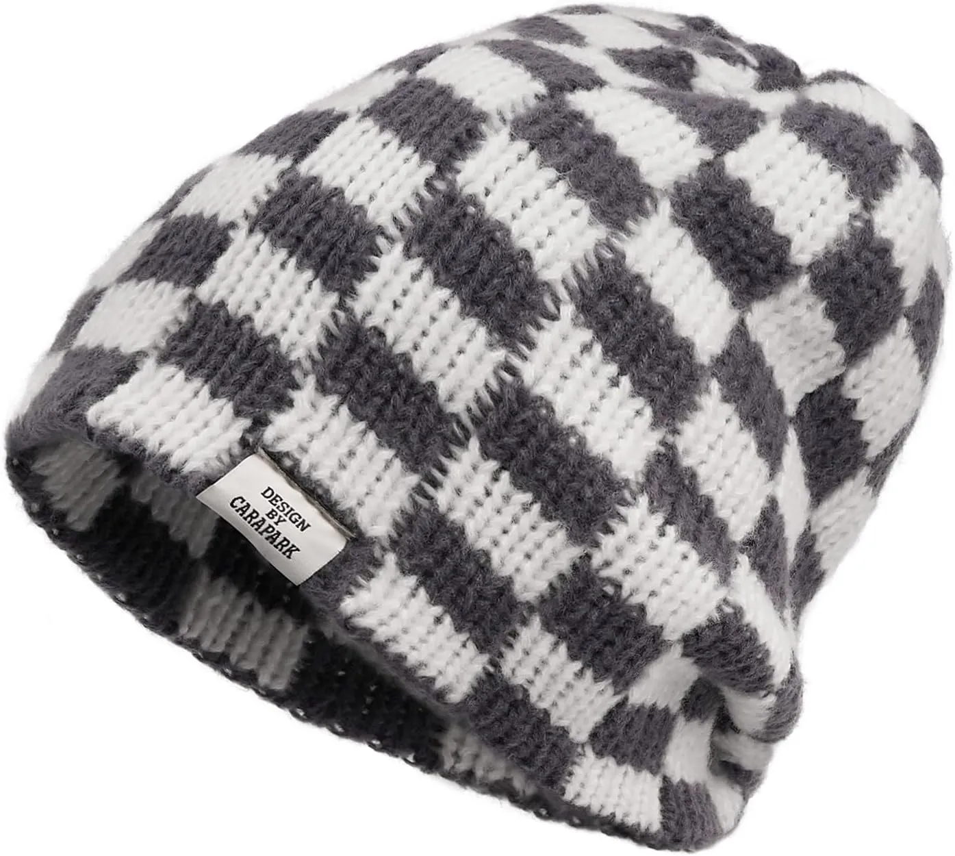 CLAPE Womens Cute Slouchy Beanies Hats, Winter Warm Chunky Checkered Beanie Large Cuff Knitted Hat Ski Cap for Cold Weather