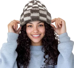 CLAPE Womens Cute Slouchy Beanies Hats, Winter Warm Chunky Checkered Beanie Large Cuff Knitted Hat Ski Cap for Cold Weather