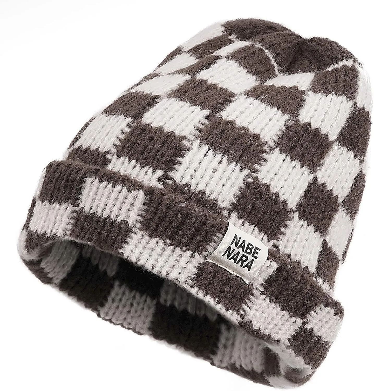 CLAPE Womens Cute Slouchy Beanies Hats, Winter Warm Chunky Checkered Beanie Large Cuff Knitted Hat Ski Cap for Cold Weather