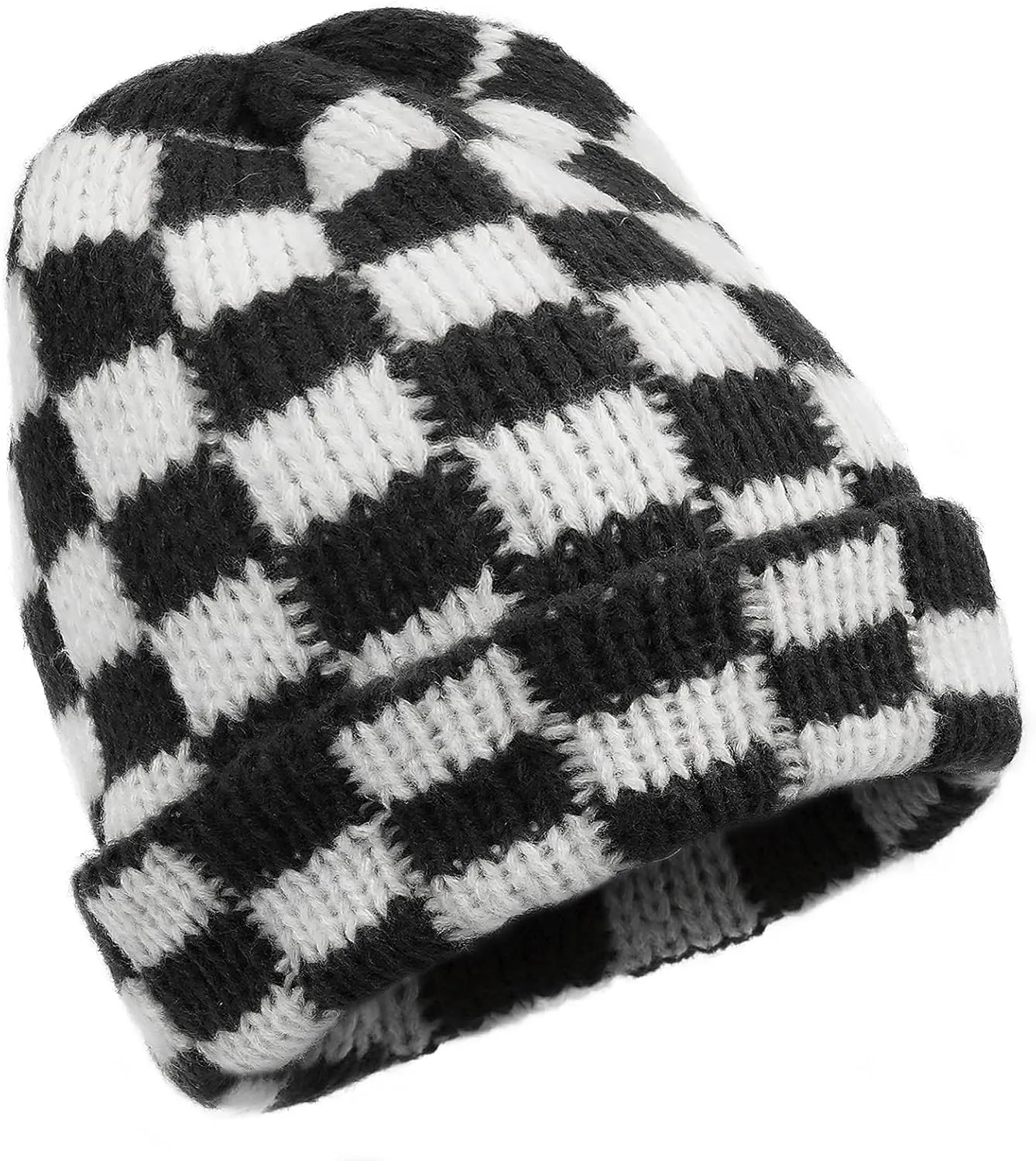 CLAPE Womens Cute Slouchy Beanies Hats, Winter Warm Chunky Checkered Beanie Large Cuff Knitted Hat Ski Cap for Cold Weather