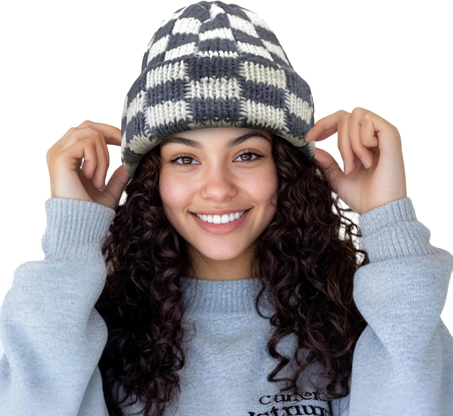 CLAPE Womens Cute Slouchy Beanies Hats, Winter Warm Chunky Checkered Beanie Large Cuff Knitted Hat Ski Cap for Cold Weather