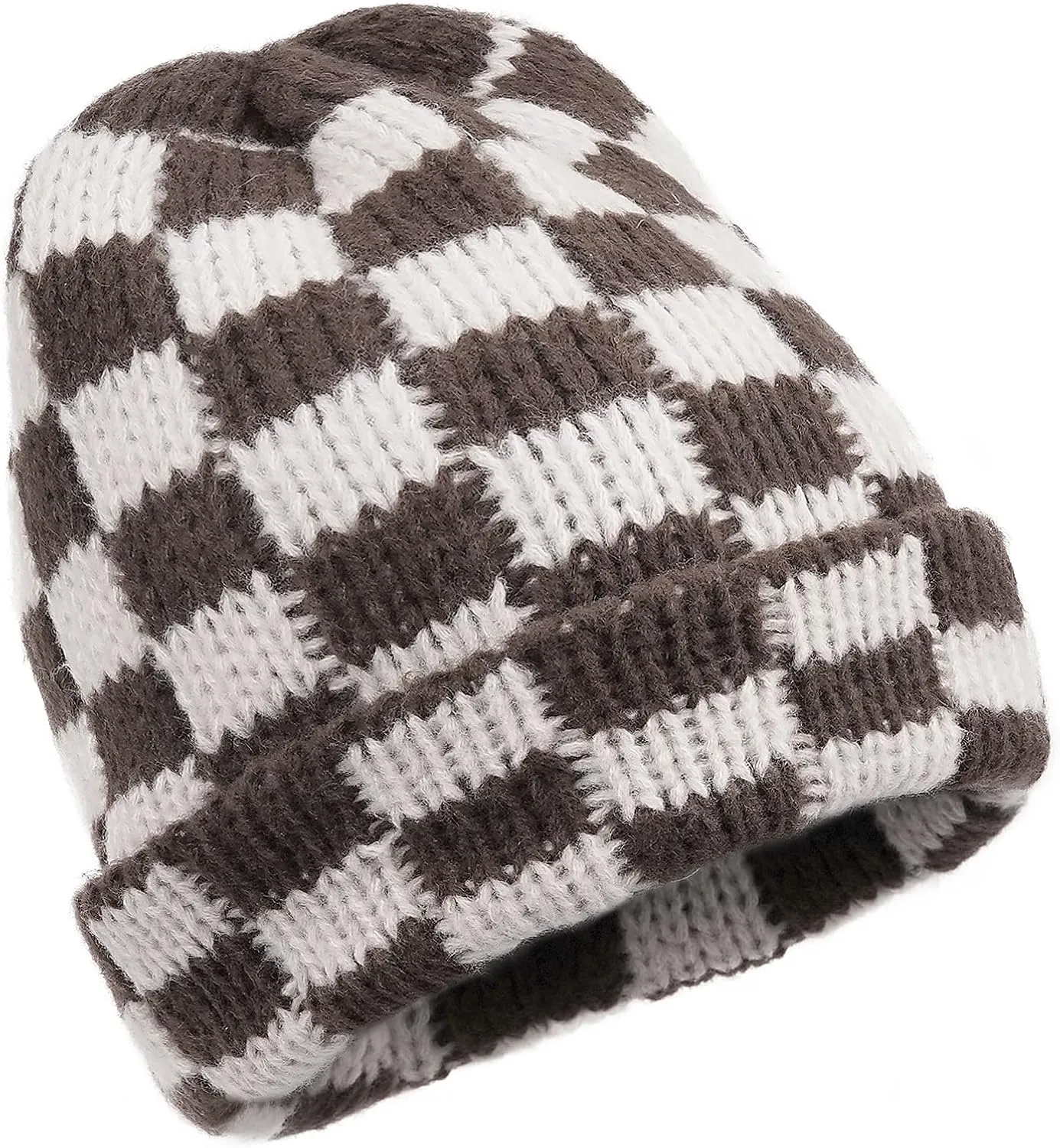 CLAPE Womens Cute Slouchy Beanies Hats, Winter Warm Chunky Checkered Beanie Large Cuff Knitted Hat Ski Cap for Cold Weather