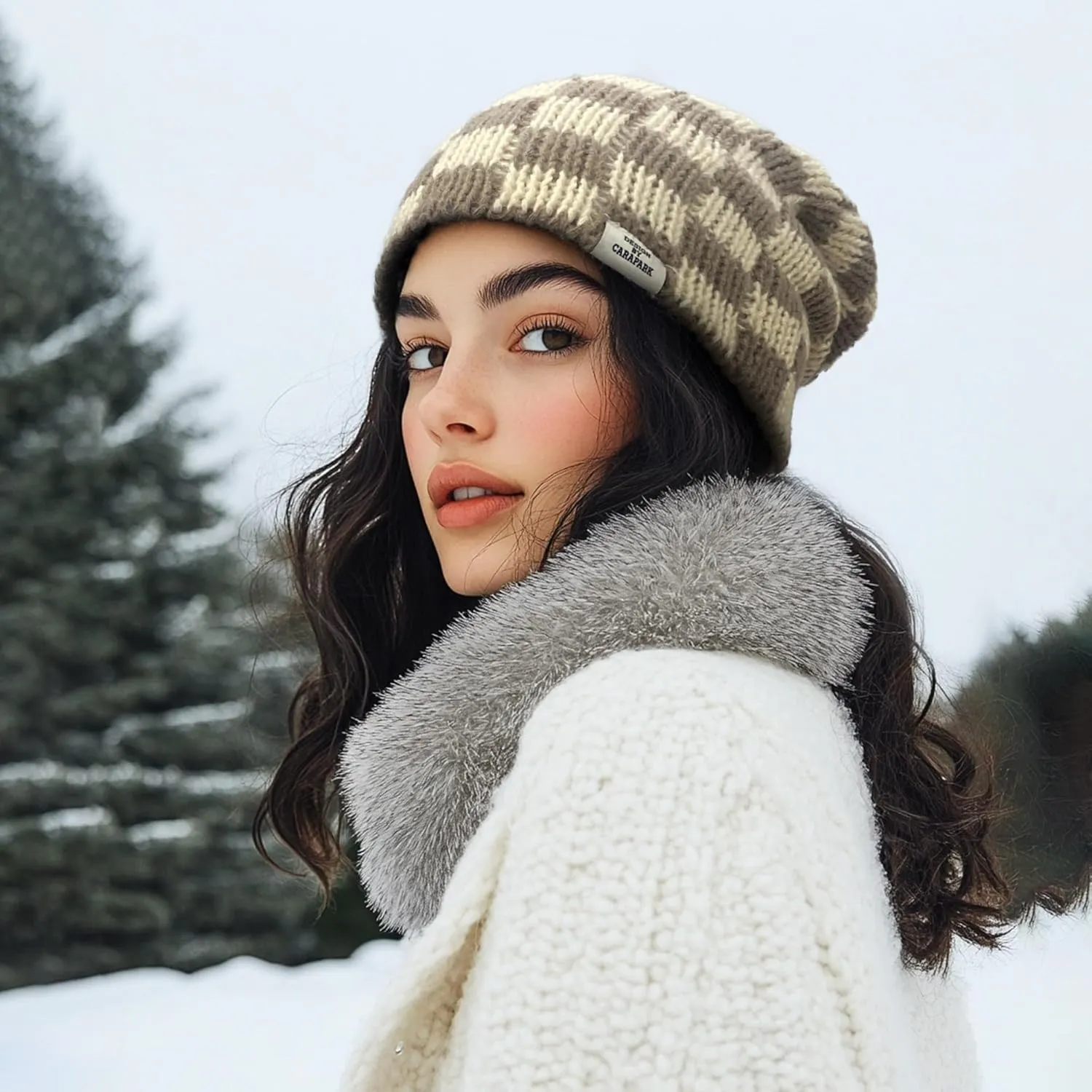 CLAPE Womens Cute Slouchy Beanies Hats, Winter Warm Chunky Checkered Beanie Large Cuff Knitted Hat Ski Cap for Cold Weather
