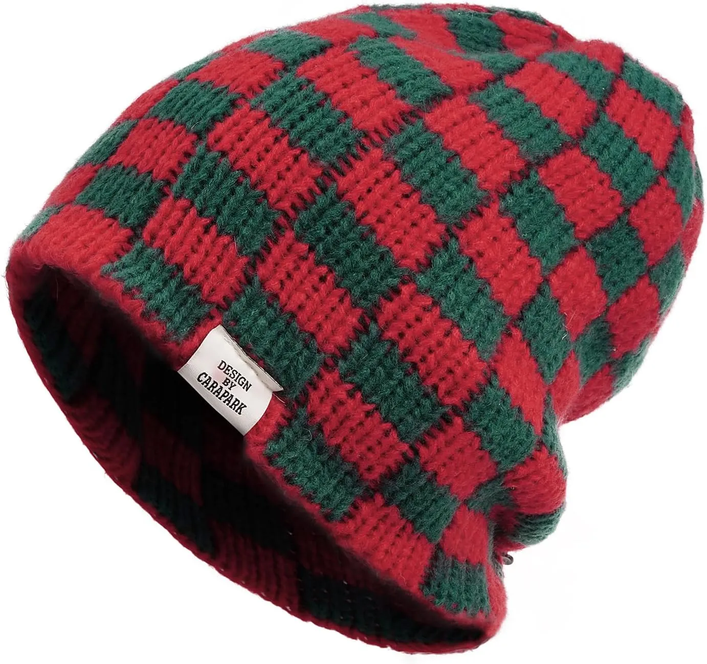 CLAPE Womens Cute Slouchy Beanies Hats, Winter Warm Chunky Checkered Beanie Large Cuff Knitted Hat Ski Cap for Cold Weather