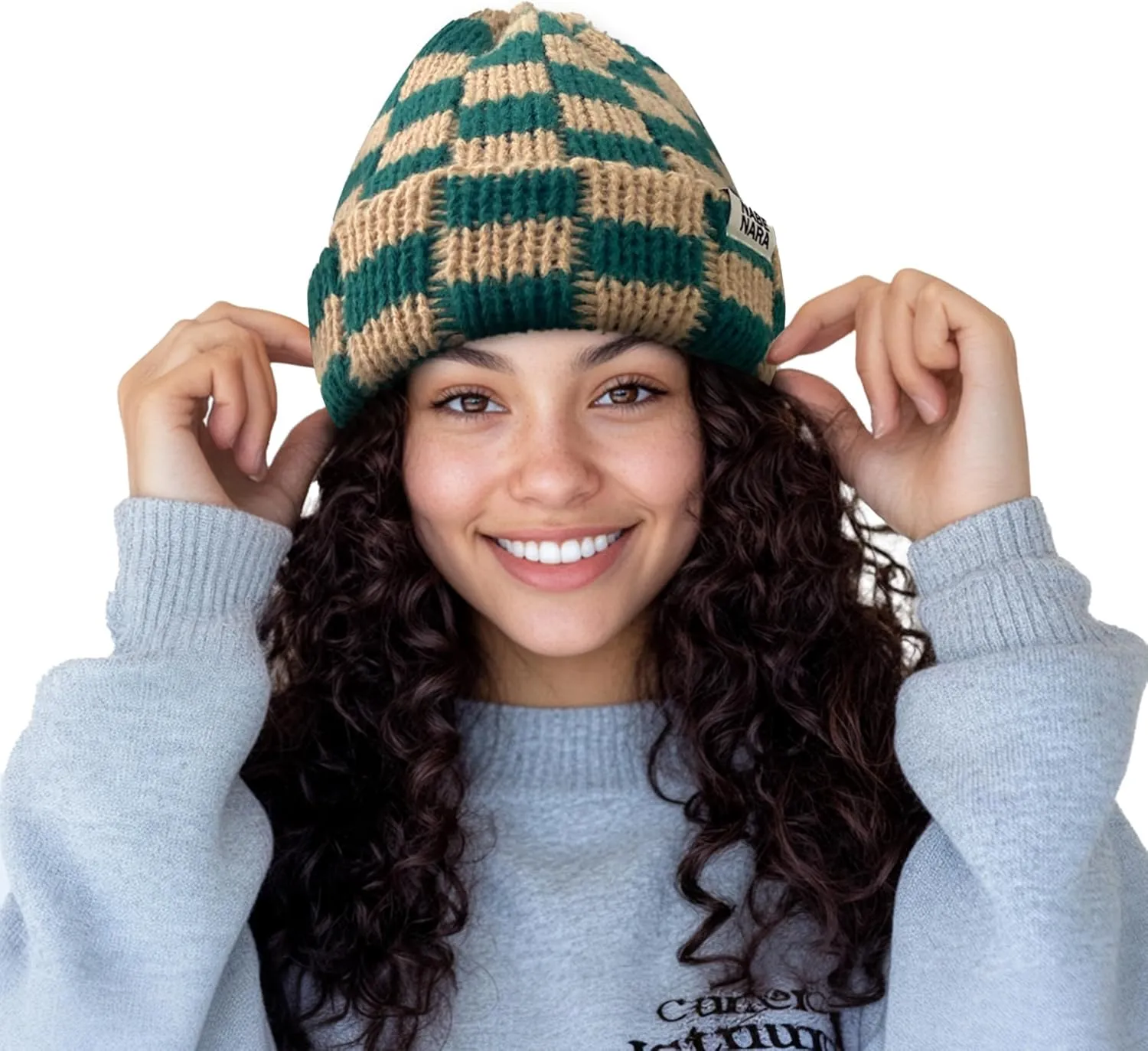 CLAPE Womens Cute Slouchy Beanies Hats, Winter Warm Chunky Checkered Beanie Large Cuff Knitted Hat Ski Cap for Cold Weather