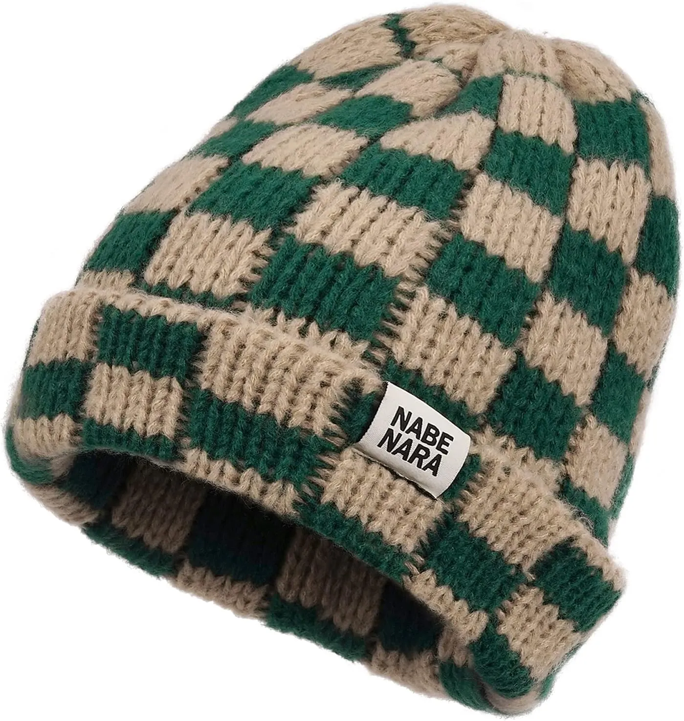 CLAPE Womens Cute Slouchy Beanies Hats, Winter Warm Chunky Checkered Beanie Large Cuff Knitted Hat Ski Cap for Cold Weather