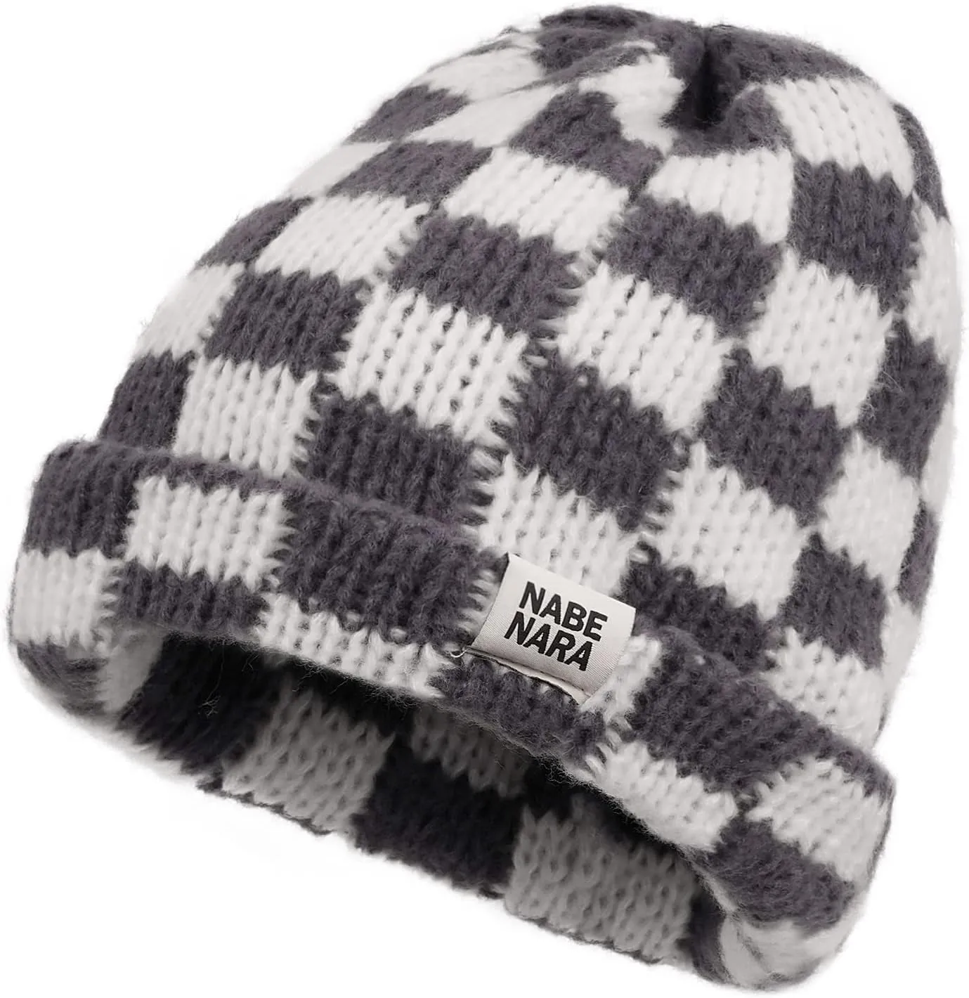 CLAPE Womens Cute Slouchy Beanies Hats, Winter Warm Chunky Checkered Beanie Large Cuff Knitted Hat Ski Cap for Cold Weather