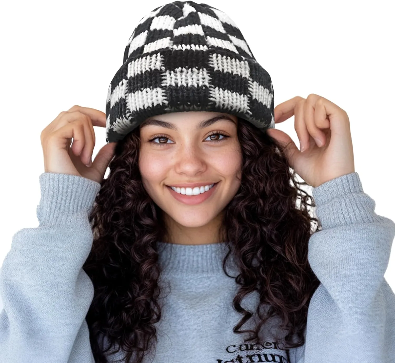 CLAPE Womens Cute Slouchy Beanies Hats, Winter Warm Chunky Checkered Beanie Large Cuff Knitted Hat Ski Cap for Cold Weather
