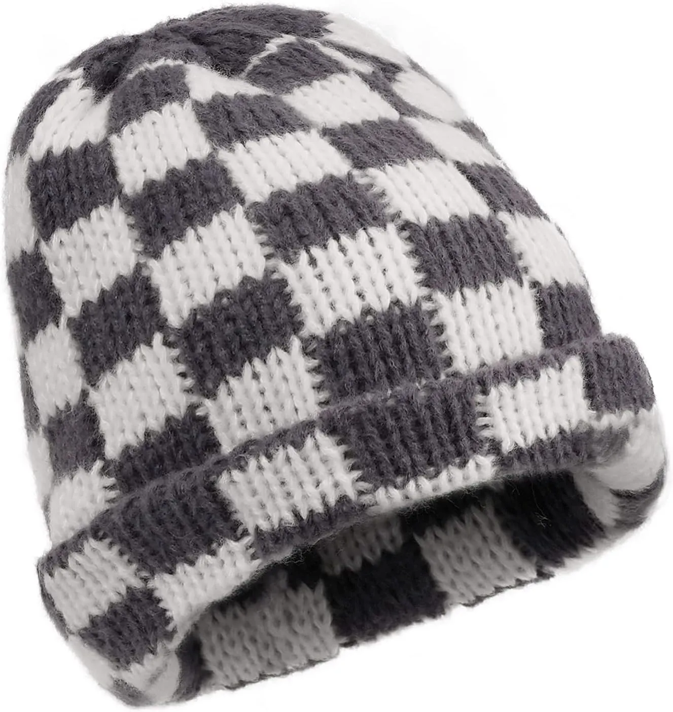 CLAPE Womens Cute Slouchy Beanies Hats, Winter Warm Chunky Checkered Beanie Large Cuff Knitted Hat Ski Cap for Cold Weather