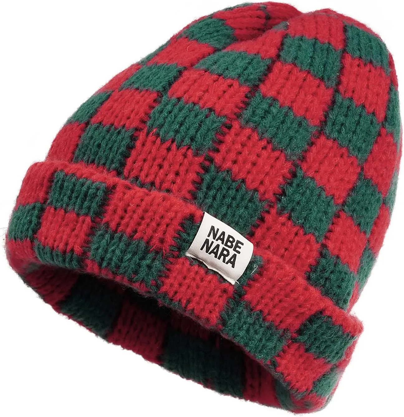 CLAPE Womens Cute Slouchy Beanies Hats, Winter Warm Chunky Checkered Beanie Large Cuff Knitted Hat Ski Cap for Cold Weather