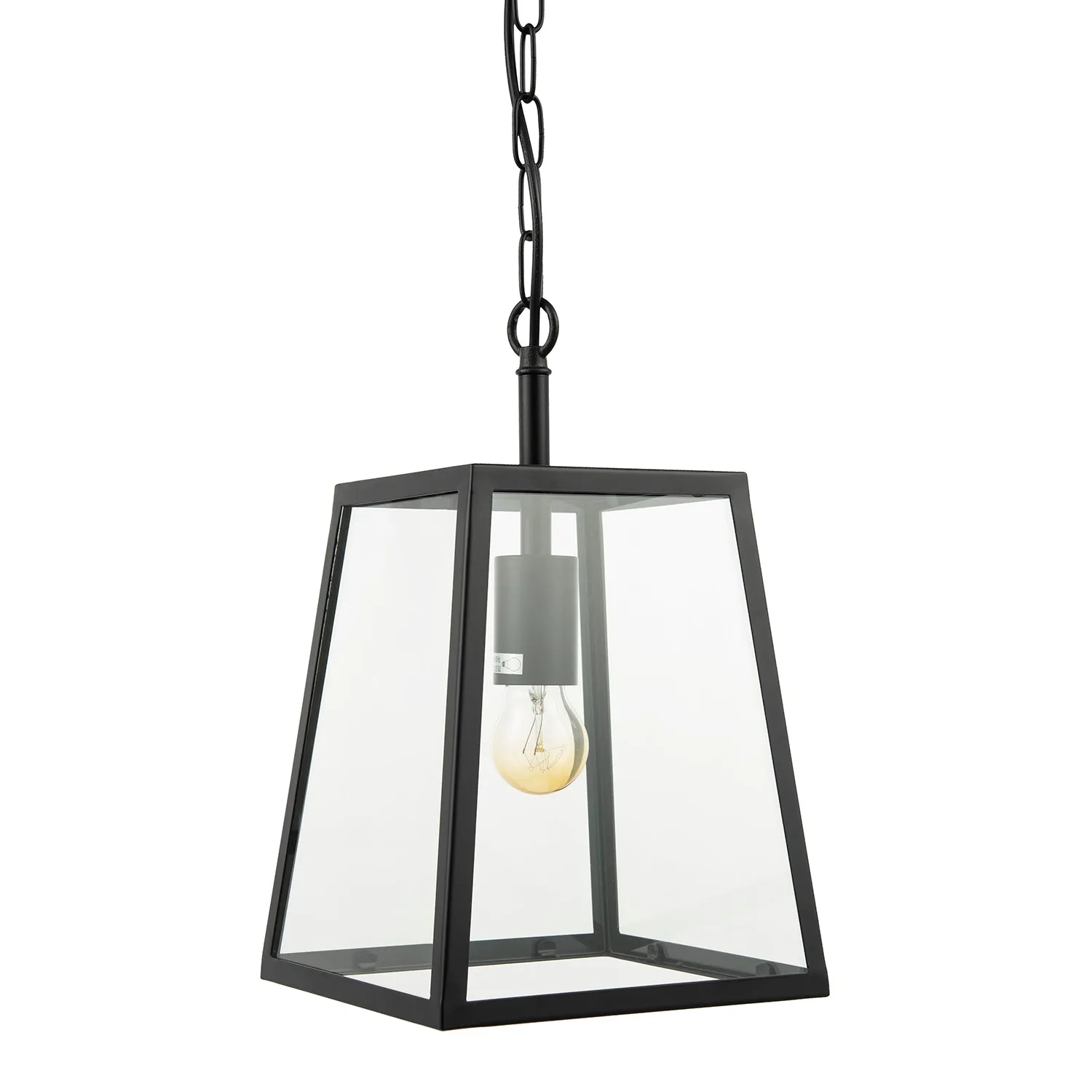 Classic Lantern Pendant Ceiling Light in Matte Black with Clear Glass Sides