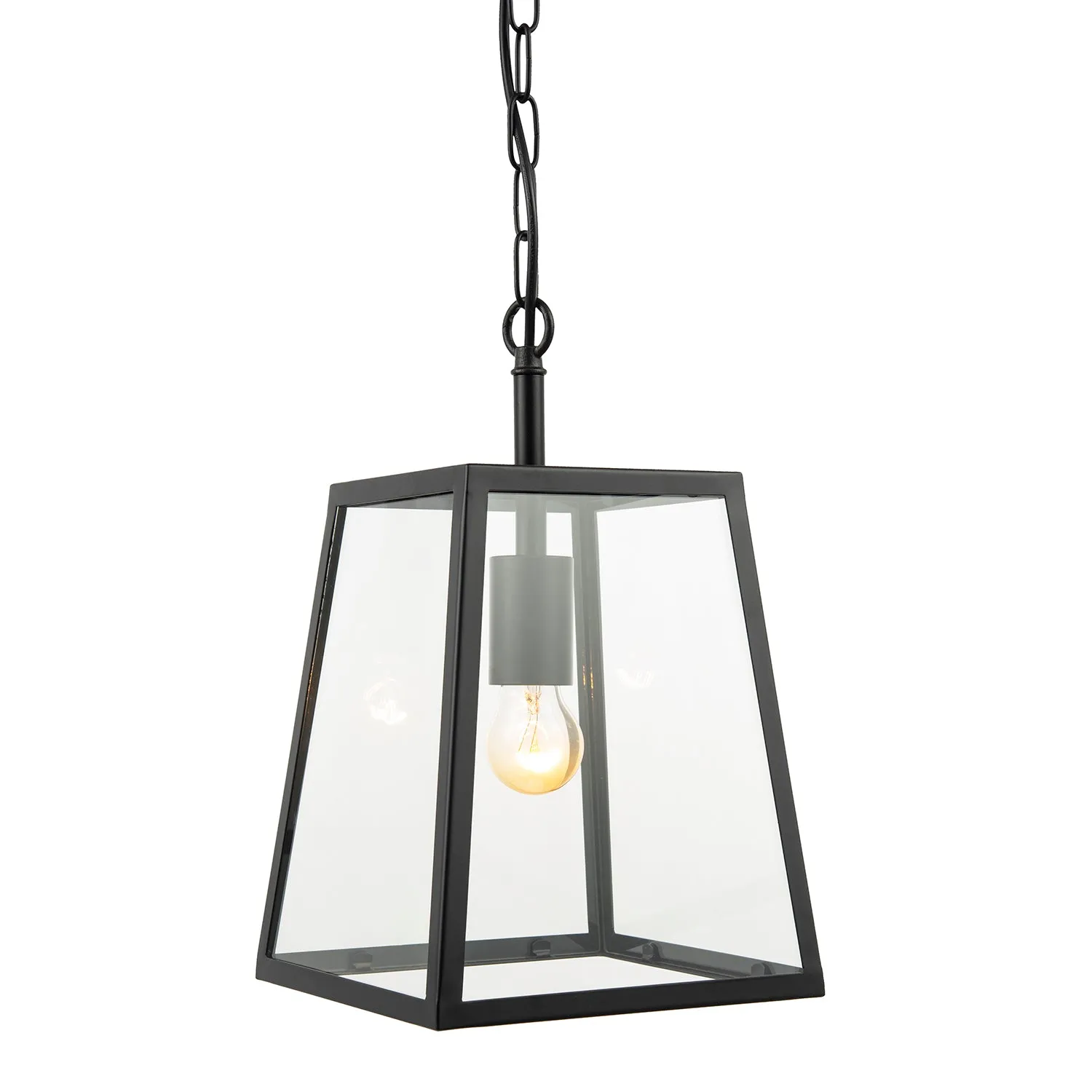 Classic Lantern Pendant Ceiling Light in Matte Black with Clear Glass Sides